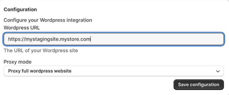The Post Bridge settings card, showing a WordPress URL field filled with a staging site address and a proxy mode dropdown set to Proxy full WordPress website